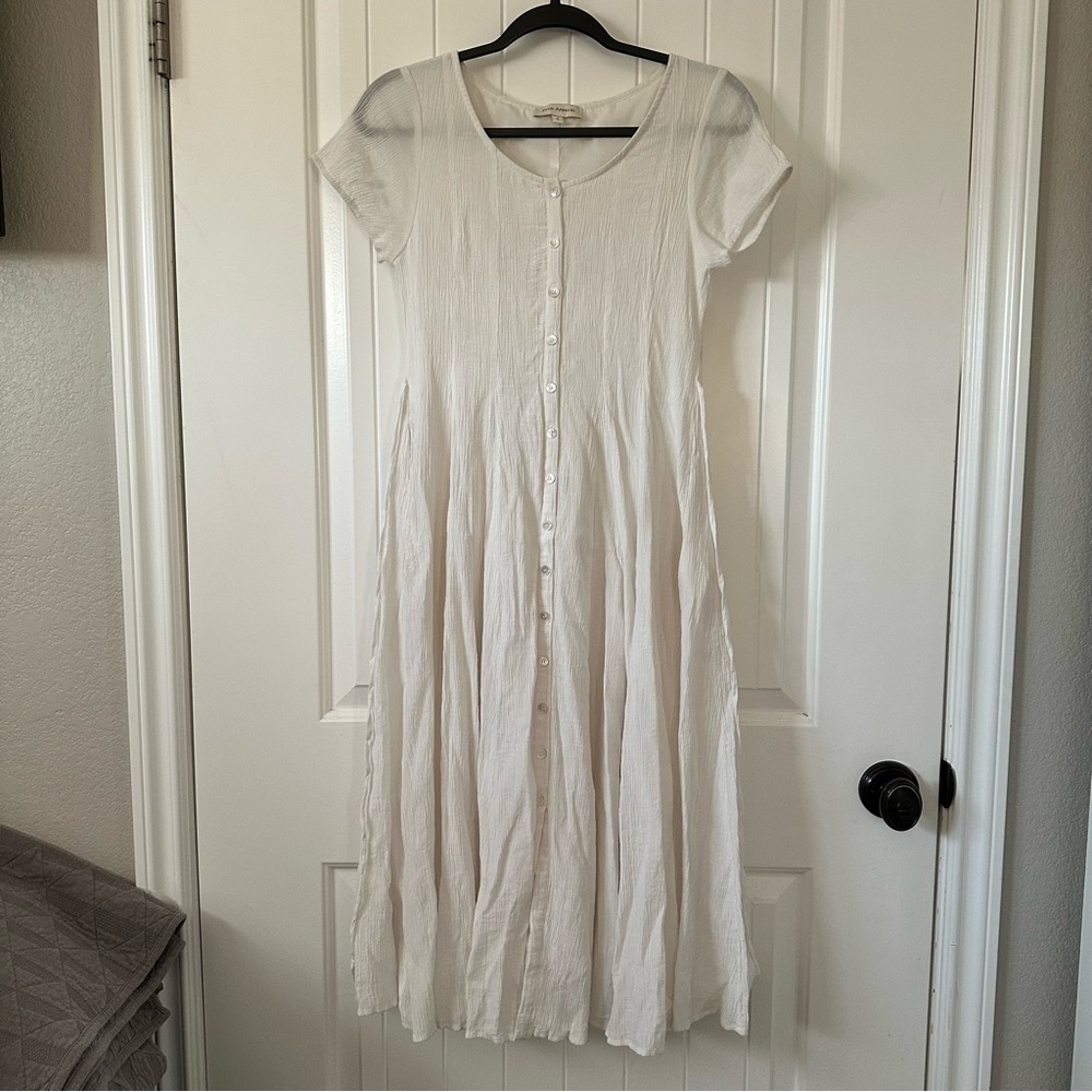 White Cottagecore Flowy Sundress with Scoop Neck and Button Detail